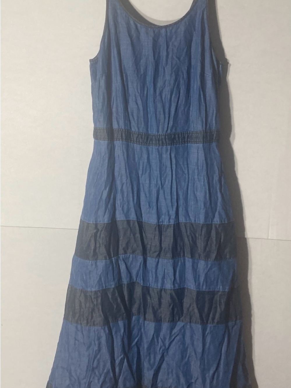 TOMMY BAHAMA two tone denim blue striped scoop neck sleeveless a-line dress 8